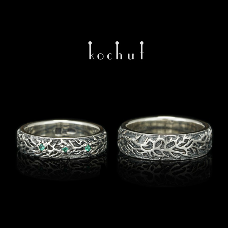 Snubní prsteny «Lesní». Stříbro, smaragdy, oxidace