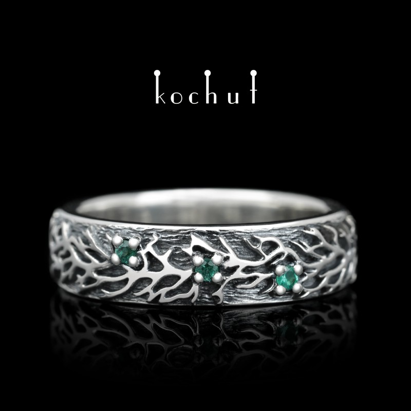 Wedding ring «Forest». Silver, emeralds, oxidation
