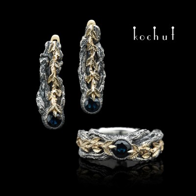 Set "The power of life": ring and earrings. Silver, gold, sapphires