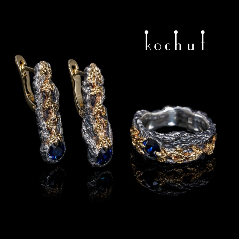 Set "The power of life": ring and earrings. Silver, yellow gold, sapphires, oxidized