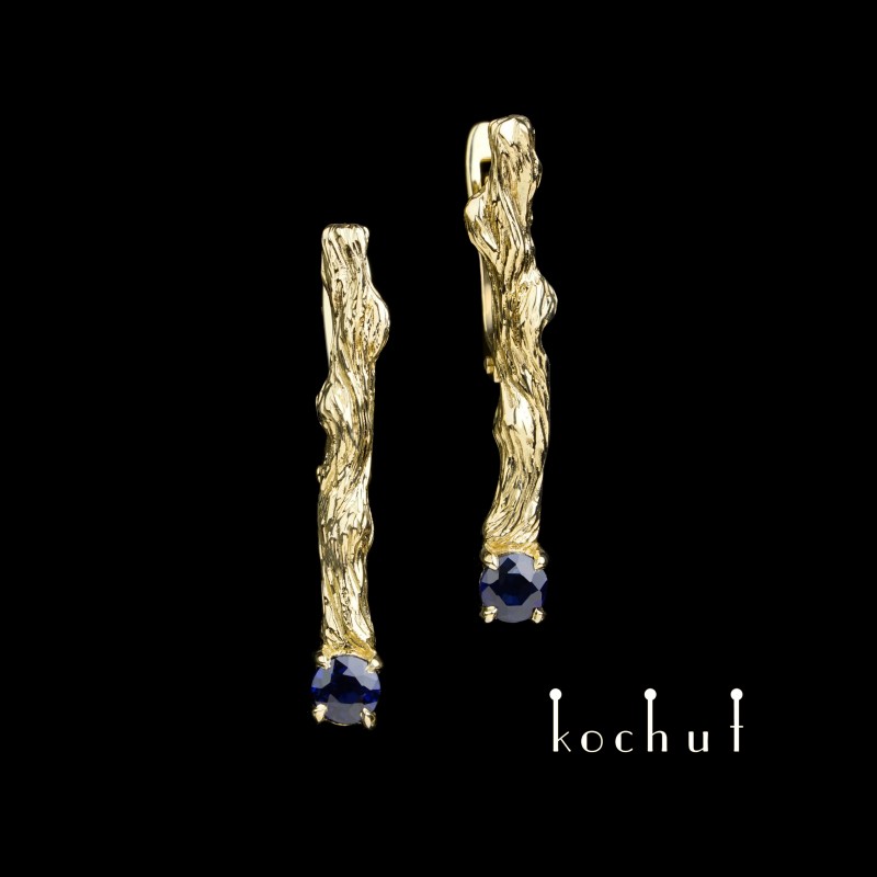 Earrings «Twigs». Yellow gold, sapphires