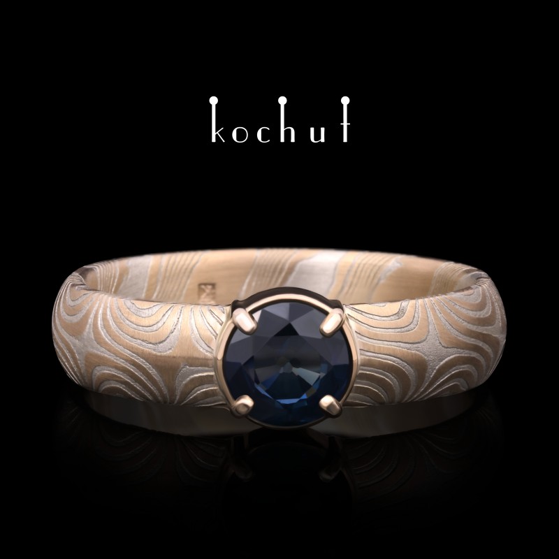 Ring mokume «Orion». Red gold, etched silver, sapphire