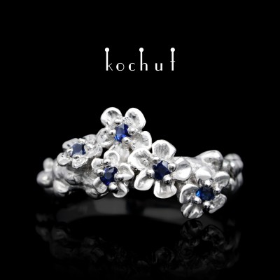 Ring «Flower tiara». Silver, white rhodium, sapphires