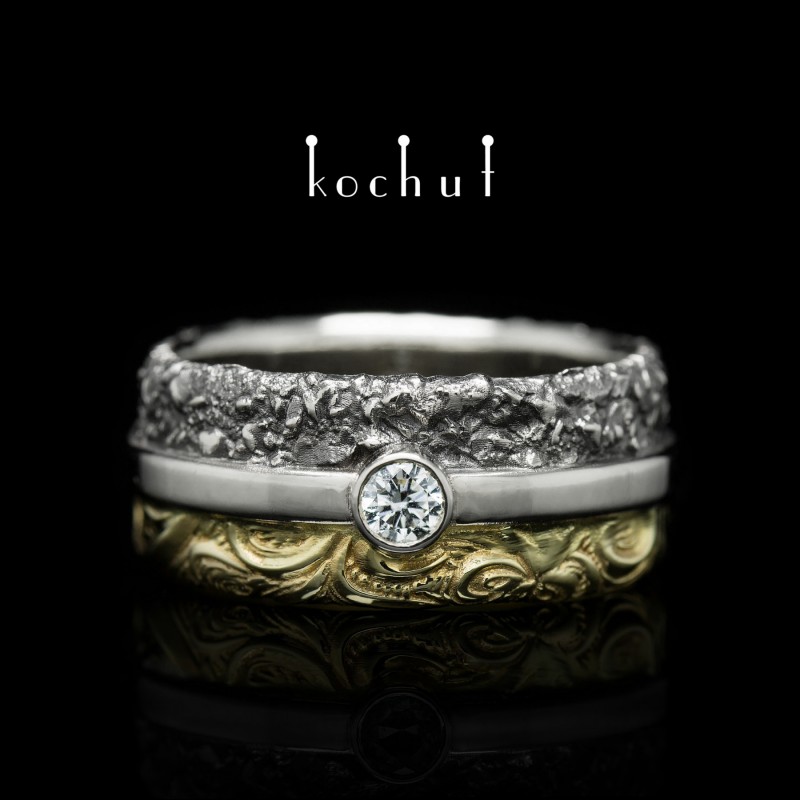 Wedding ring «In joy and in sorrow». Yellow gold, silver, diamond, oxidation