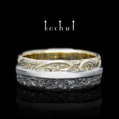 Wedding ring «In joy and in sorrow». Yellow gold, silver, oxidized