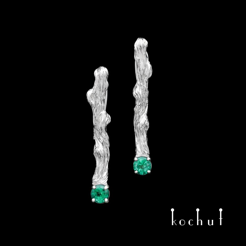 Earrings «Twigs». Silver, white rhodium, emeralds