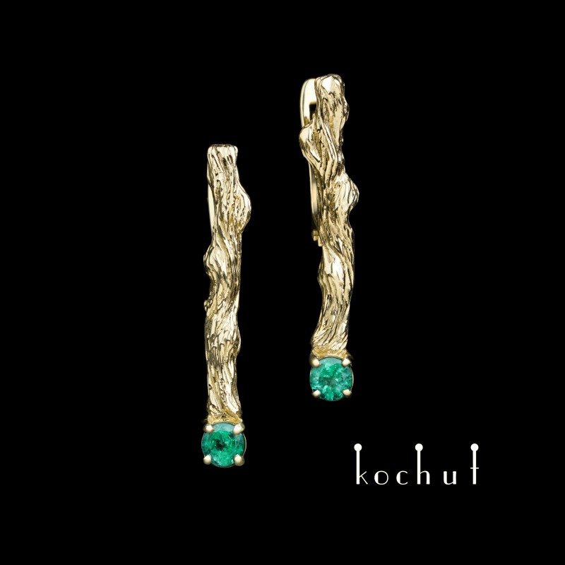 Earrings "Twigs". Yellow gold, emeralds