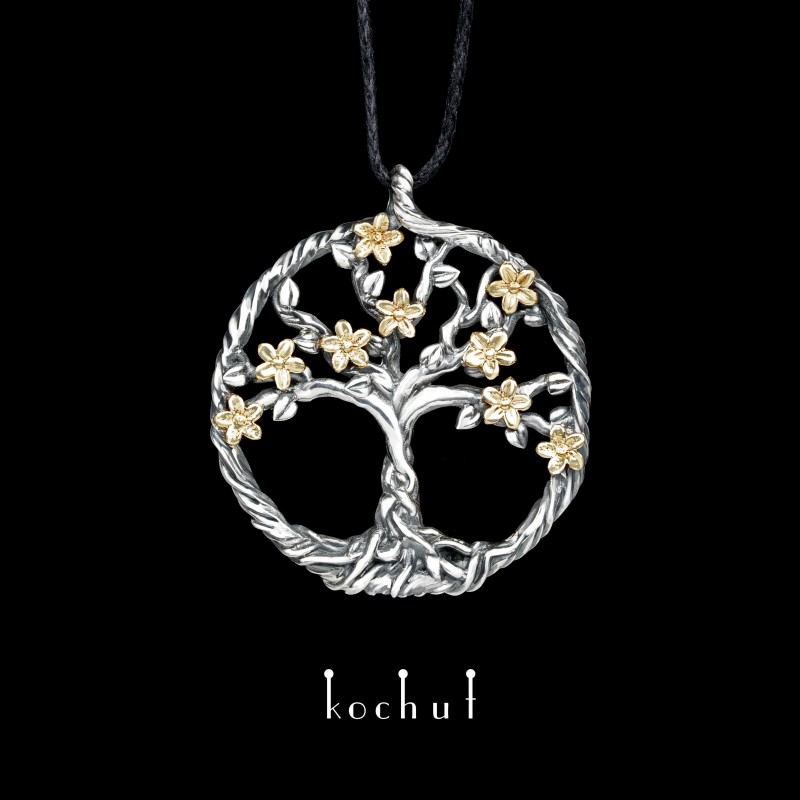 Pendant «Blooming tree». Yellow gold, sterling silver, oxidation