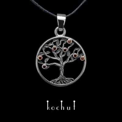 Pendant  «Tree of life: fruits». Silver, oxidized, garnets