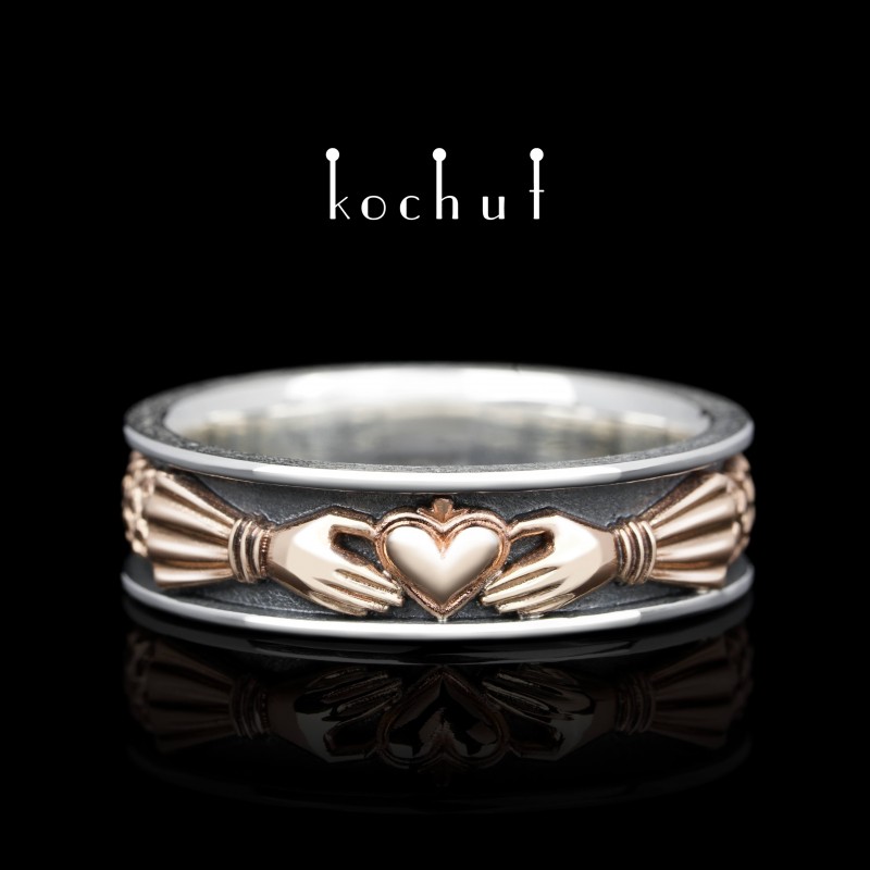 Claddagh Ring «Heart of the Marquis». Silver, oxidation, red gold
