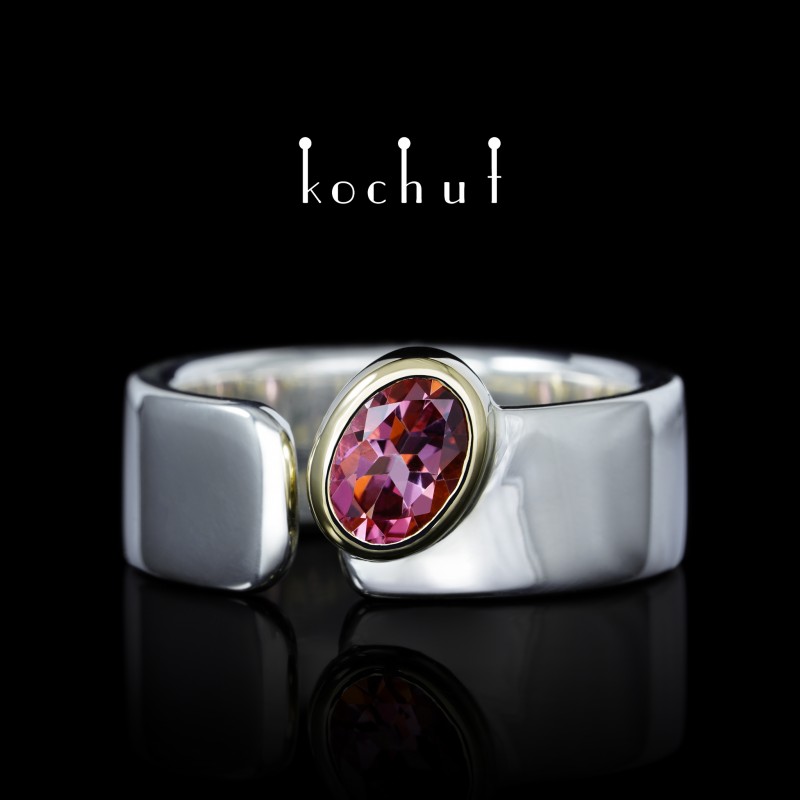 Ring «The Pink Lagoon». Silver, yellow gold, pink topaz