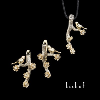 Jewellery set «Birds and flowers». White and yellow gold, diamonds