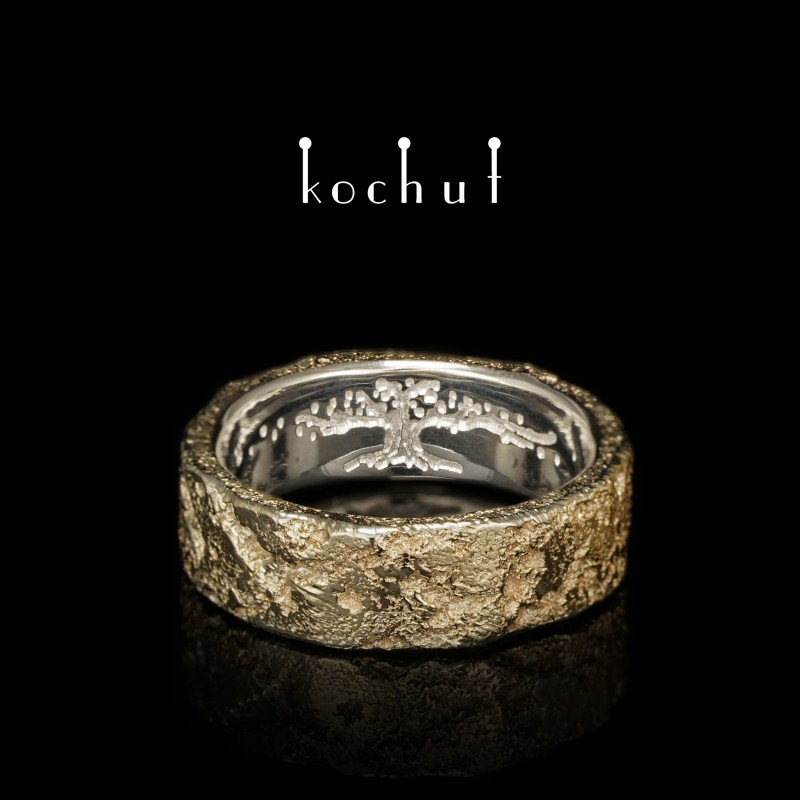 Wedding ring «Soul and body» with a tree of life. White, yellow gold, forging Light