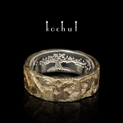 Wedding ring «Soul and body» with a tree of life. White, yellow 14K gold, black rhodium, forging Light