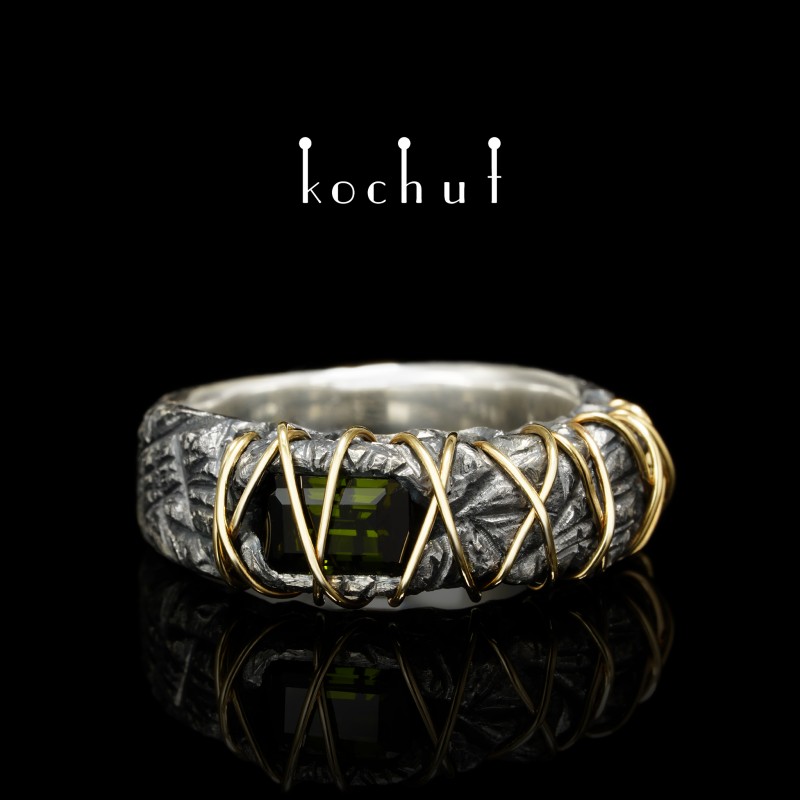 Ring «Reincarnation». Silver, oxidized, yellow gold, tourmaline