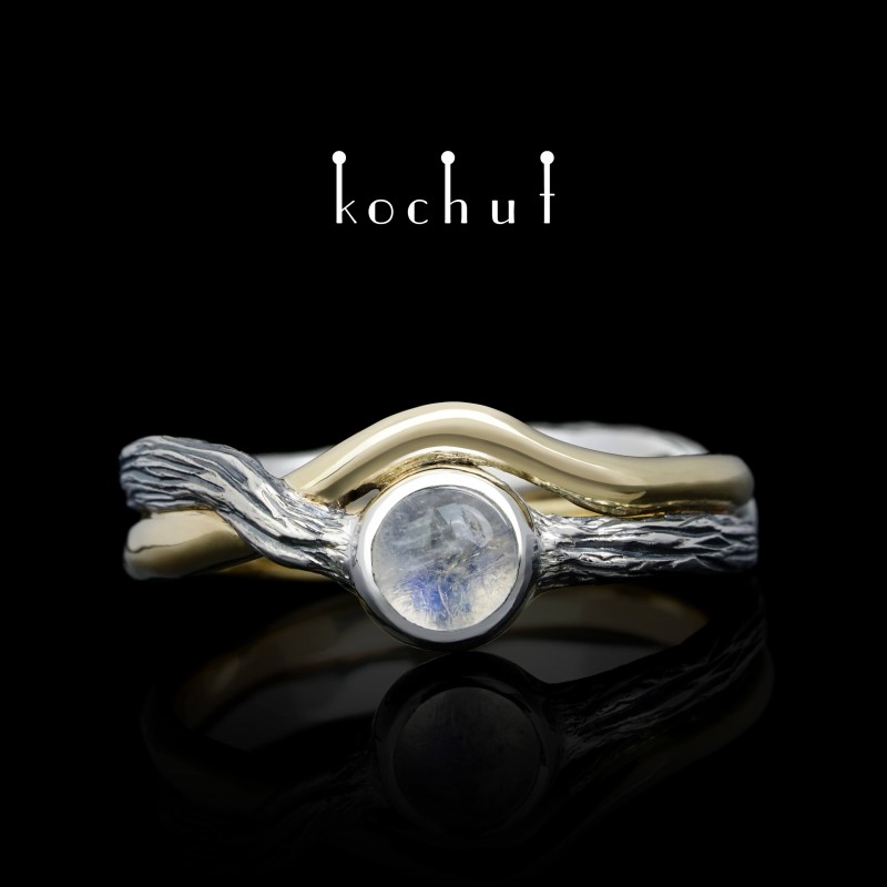 Ring "The Journey of Light". Yellow gold, silver, oxidation, moonstone