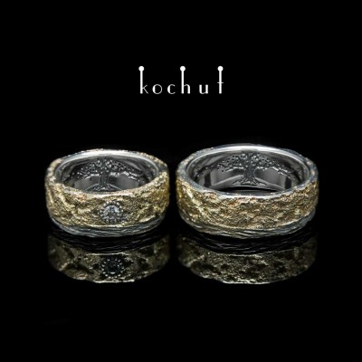 Wedding rings "Soul and body" with bark and tree of life. Silver, yellow gold, diamond