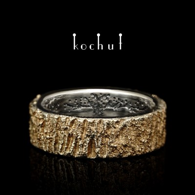 Wedding ring «Tree of life: oak bark». Silver, melting Gold, oxidized
