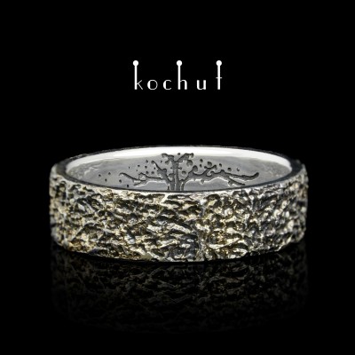 Wedding ring «Tree of Life: nets». Silver, yellow gold plating, oxidized