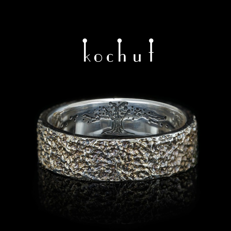 Wedding ring «Tree of Life: nets». Silver, yellow gold plating