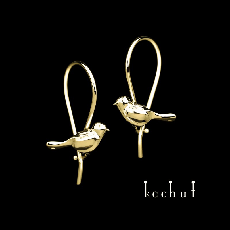 Earrings «Birds» with a French clasp. Yellow gold