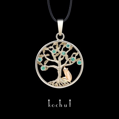 Pendant «Tree of life with little fox». White, red gold, emeralds