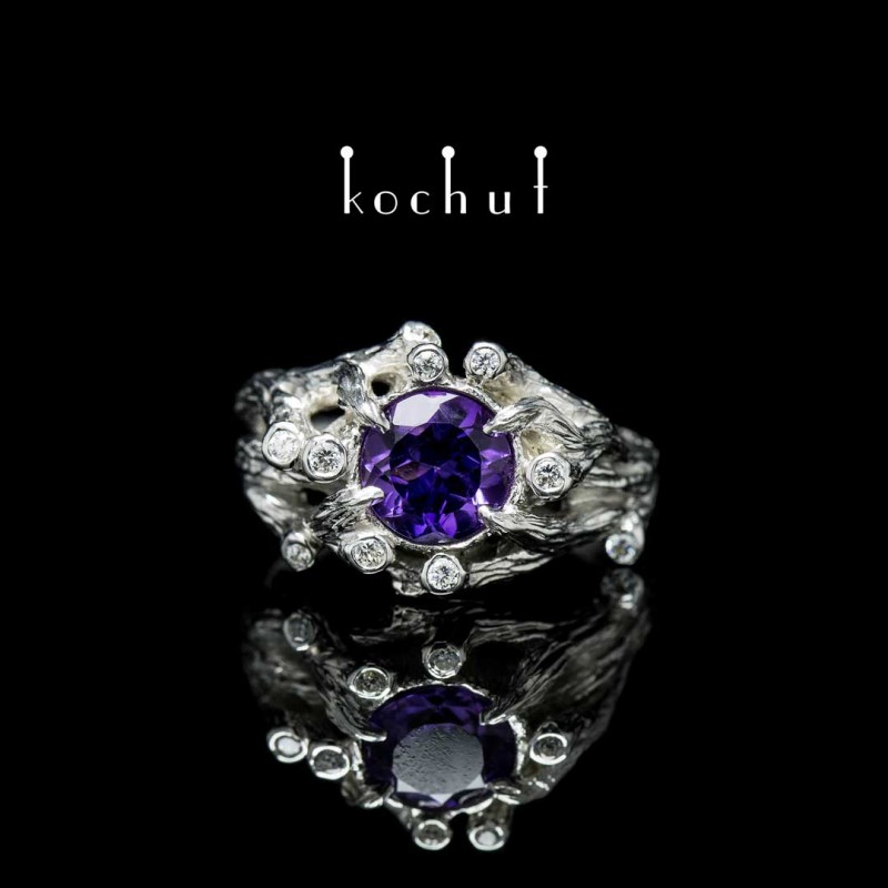 Ring «Enchanted forest». Silver, amethyst, diamonds, white rhodium 