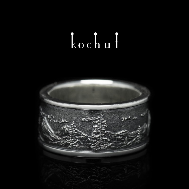 Wedding ring "Mountains with Fir-trees" with two rims. Silver, oxidized