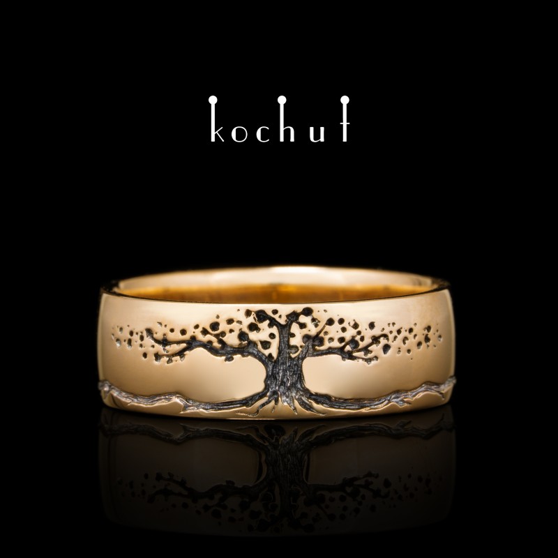 Wedding ring «Tree of life with infinity». Red 14K gold, black rhodium