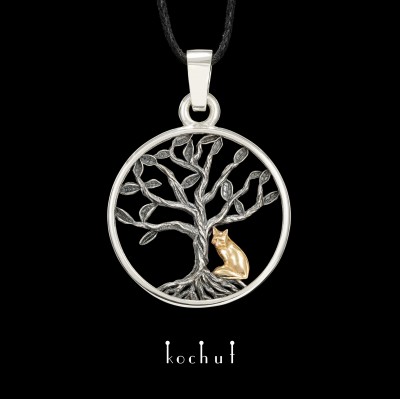 Pendant «The tree of life: fox». Silver, oxidation, red gold