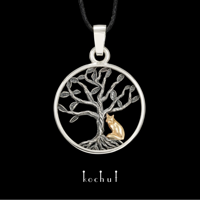 Pendant «Tree of life with little fox». Silver, oxidation, red gold