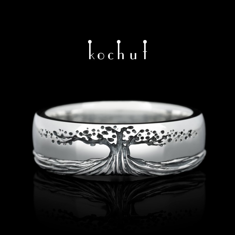Glossy wedding ring «Tree of life, roots». Silver, oxidized