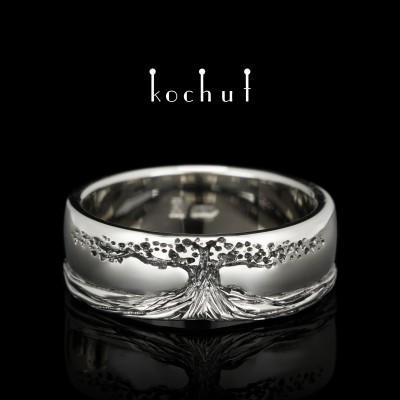 Glossy wedding ring «Tree of life, roots». Silver, oxidation