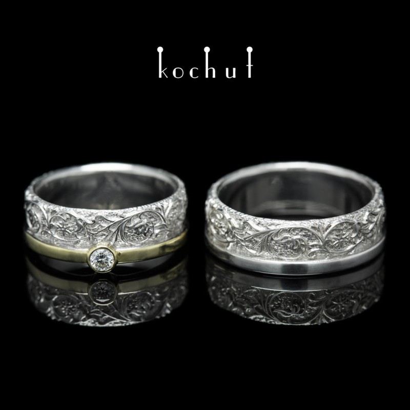 Snubní prsteny «Harmonie přírody». Stříbro, zlato, bílé rhodium, briliant