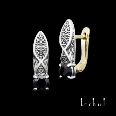 Earrings «Versailles». Silver, yellow gold, oxidized, black spinel