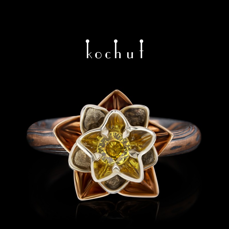 Ring mokume «Heart Lotus» White and red gold, etched silver, sapphire, oxidized 