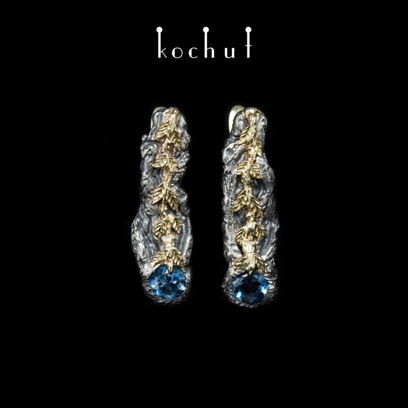 Earrings "The power of life". Silver, yellow gold, topaz london blue, oxidized
