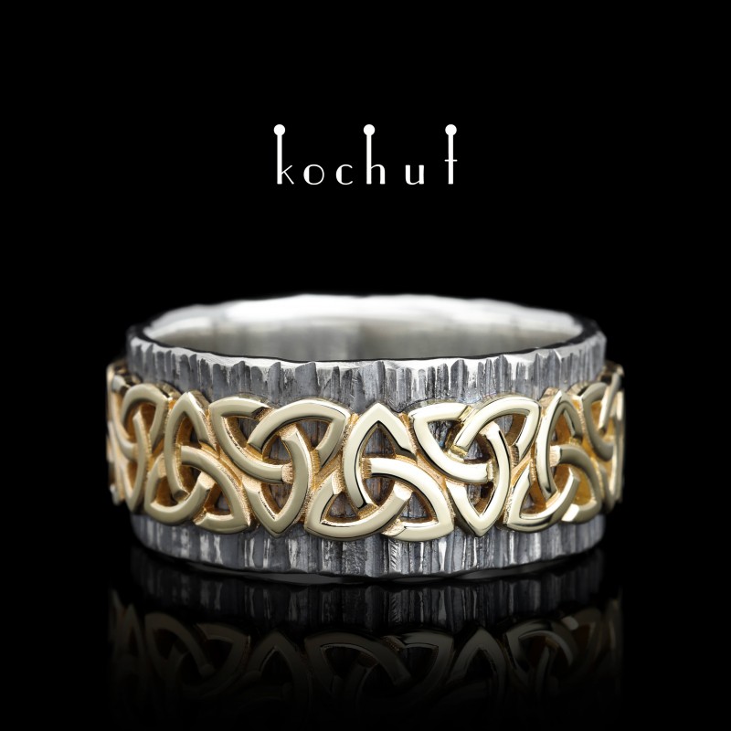 Wide ring "Celtic pattern". Silver, yellow gold, oxidation