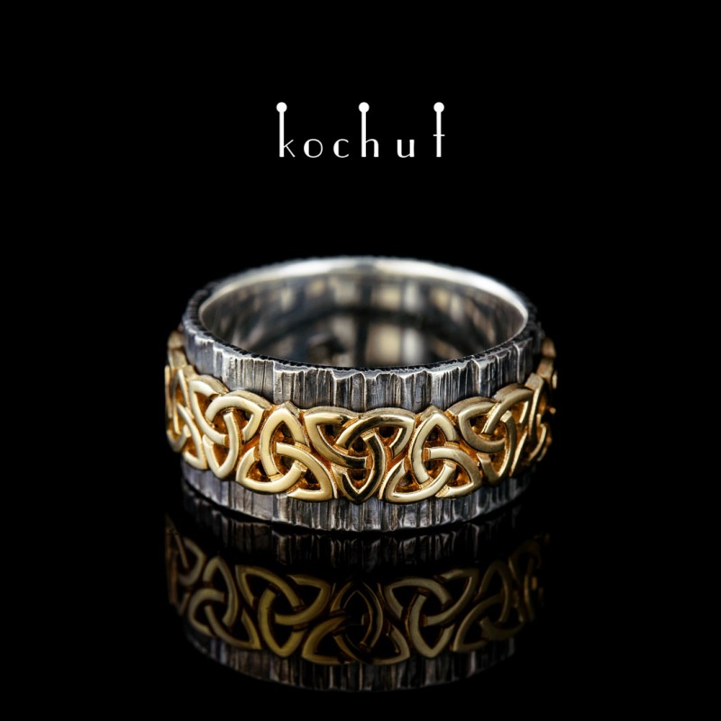 Široký prsten «Keltský vzor». Stříbro, žluté zlato, oxidace