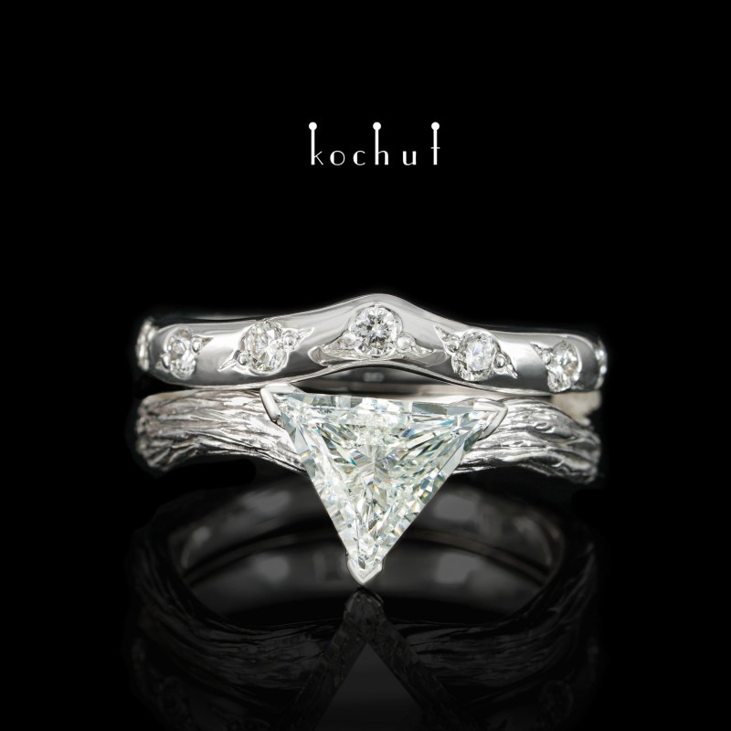 Double ring "Elven tenderness". White gold, diamonds, white rhodium