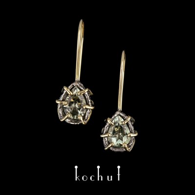 Earrings «Aurora» with a French clasp. White and yellow gold, green amethyst, black rhodium