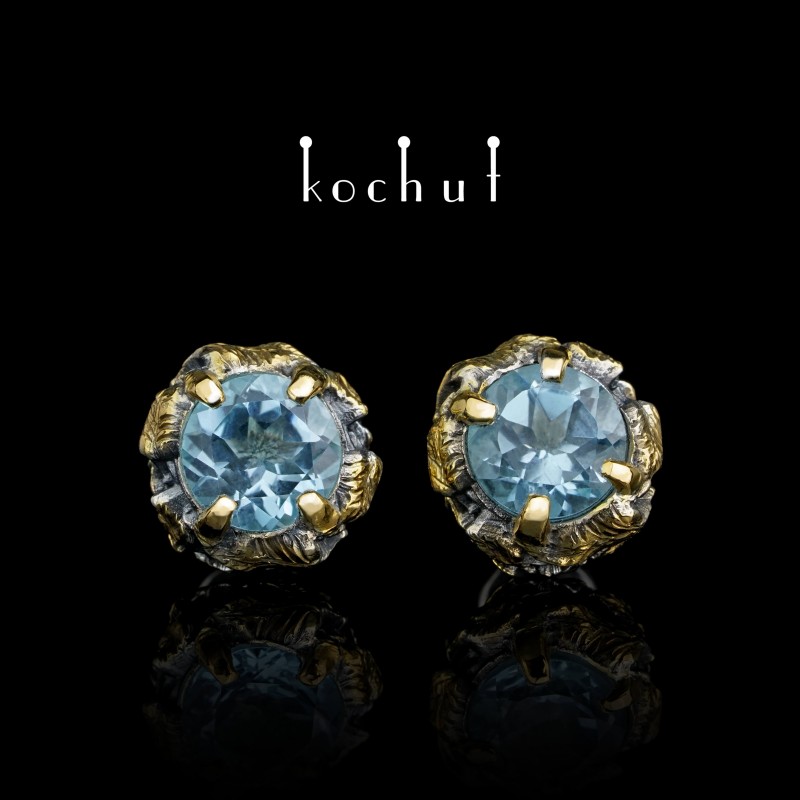 Earrings «Sun Forest». Silver, yellow gold, topaz Ice Blue, oxidation, gilding