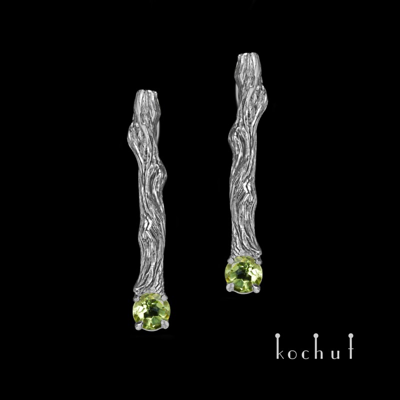 Earrings «Twigs». Silver, chrysolites, oxidation