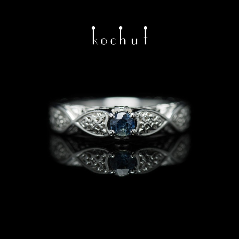 Engagement ring «Versailles». White gold, sapphire, diamonds, white rhodium