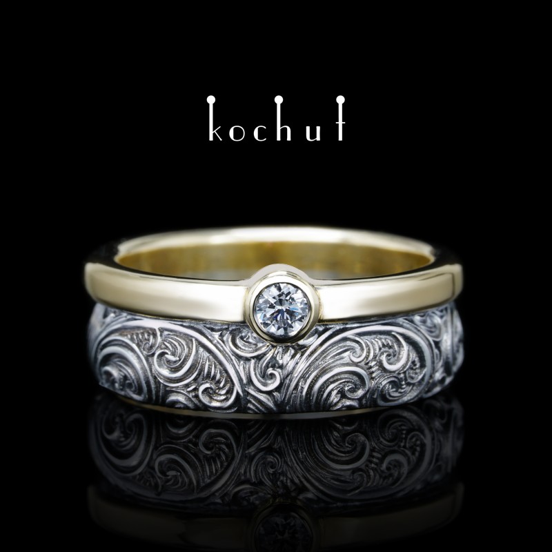 Wedding ring «Invincibility of feelings». Silver, black rhodium, yellow gold, diamond