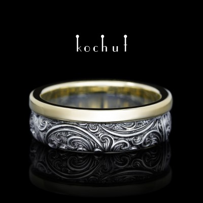 Wedding ring «Invincibility of feelings». Silver, black rhodium, yellow gold