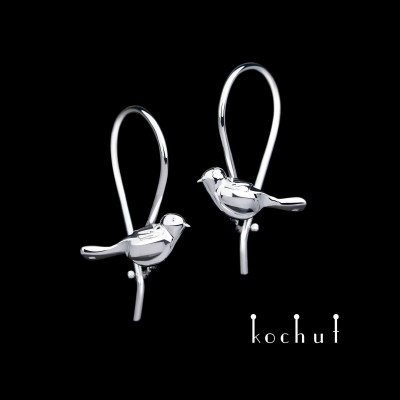 Earrings «Birds» with a French clasp. Silver, white rhodium