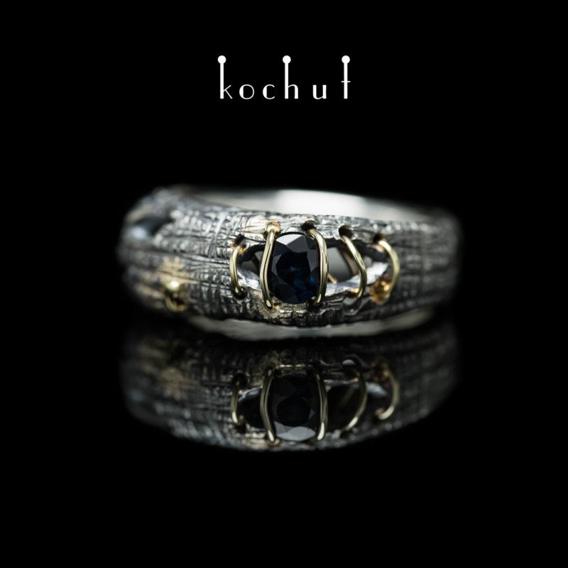 Ring «Healing». Silver, yellow gold, sapphire, oxidized