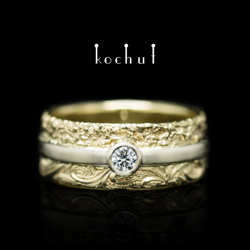 Обручальное кольцо «В радости и в печали». Белое и желтое золото 750-й пробы, бриллиант