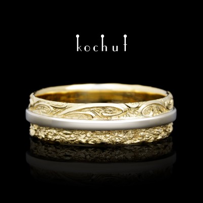 Wedding ring «In joy and in sorrow». White and yellow 18K gold
